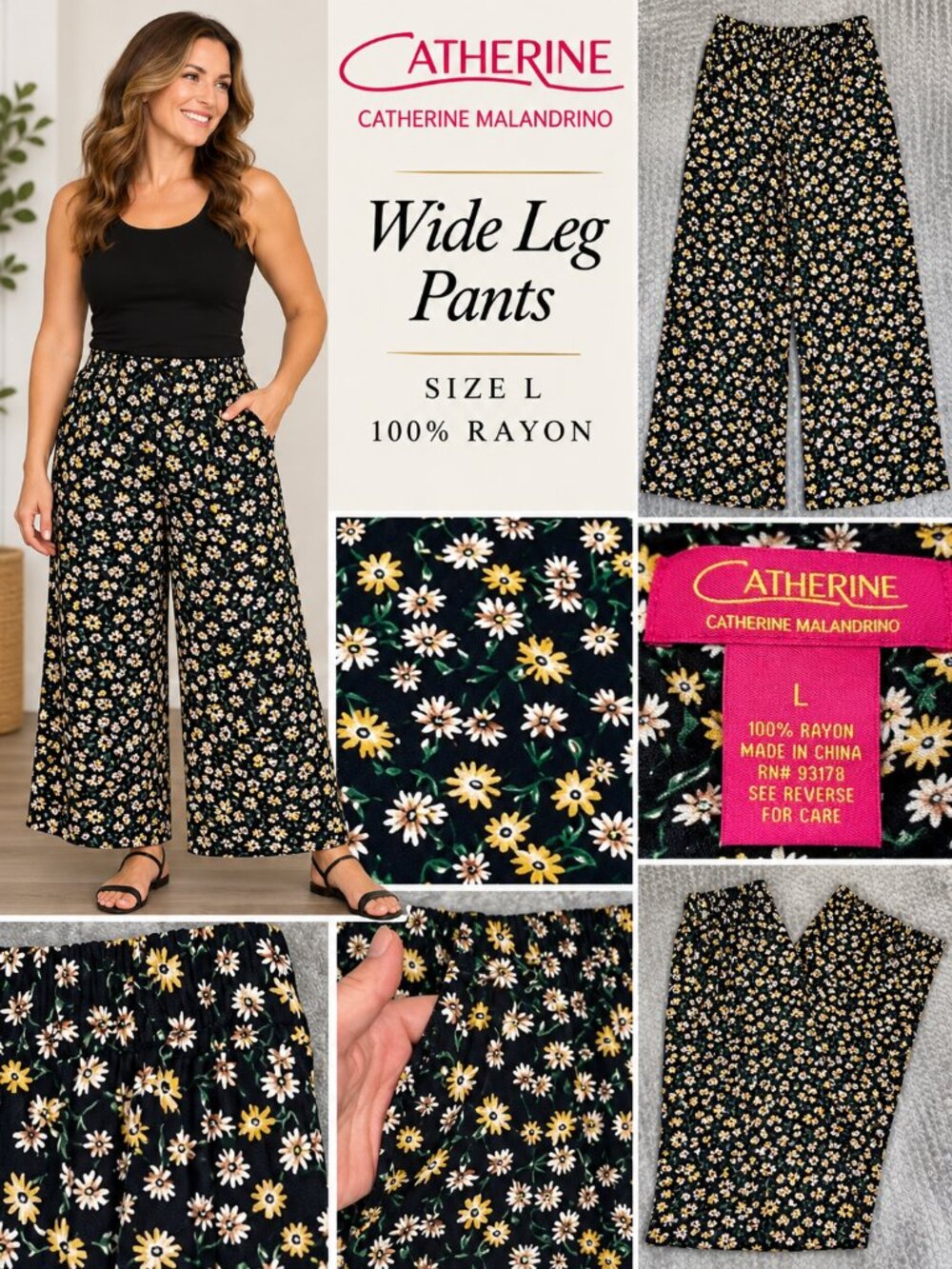 Catherine Malandrino Size L Black Floral Wide Leg Palazzo Pants 100% Rayon